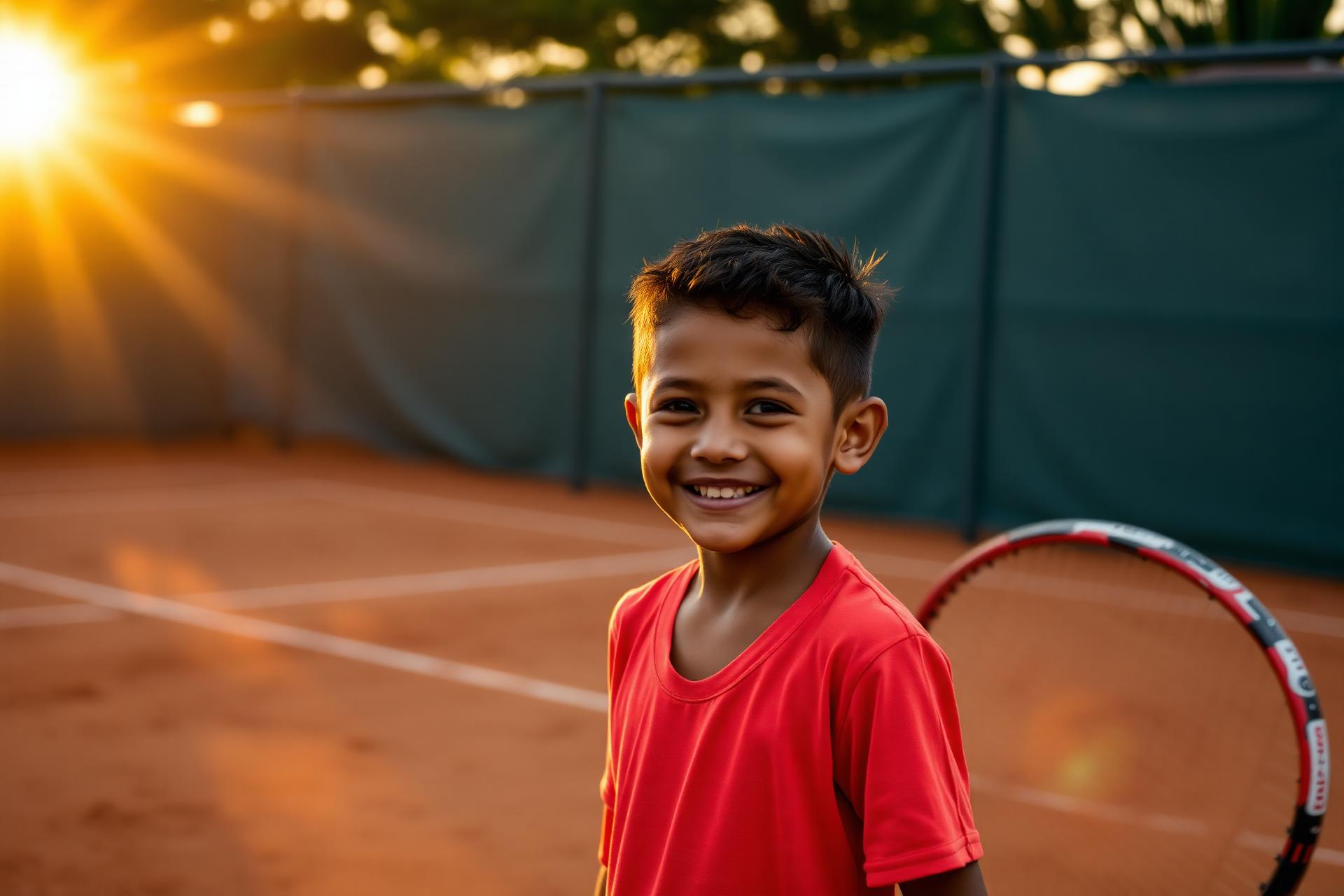 Niño deportista colombiano sonriendo al atardecer en cancha de tenis de arcilla